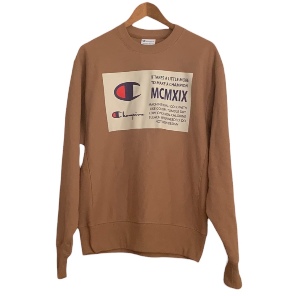 Champion UO Exclusive Big Jock Tag Reverse Weave Crew Neck Sweatshirt Tan Sz M